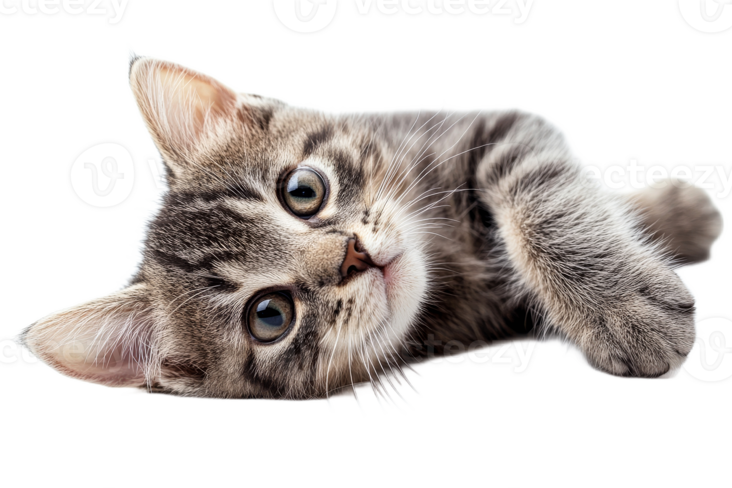 Cute gray tabby kitten lounging on a transparent background png