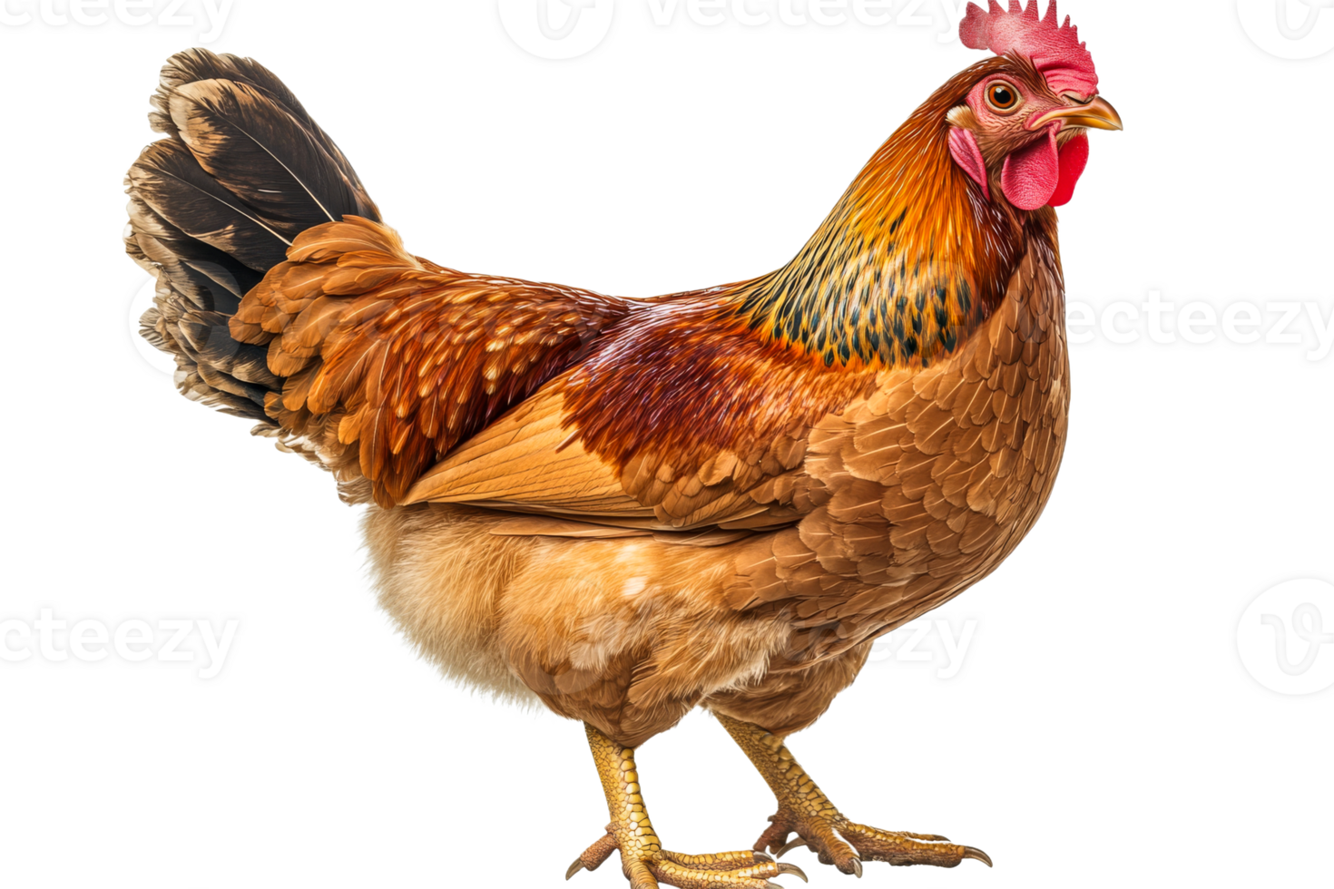 Chicken standing with feathers on a transparent background png