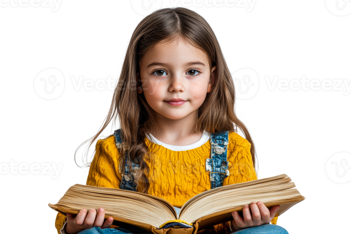 Young girl reading a large book with nice expression png