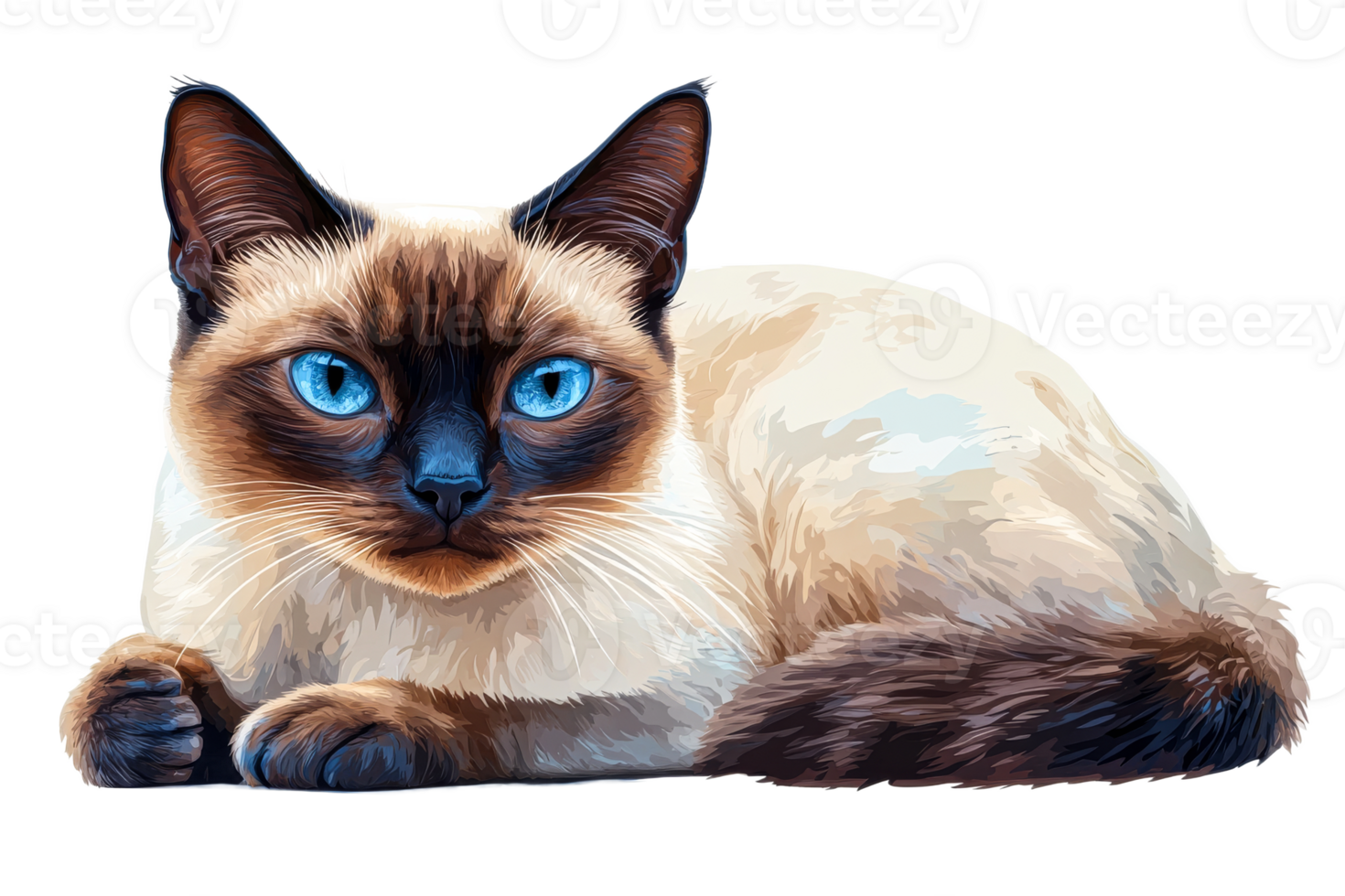 Siamese cat lounging with striking blue eyes png