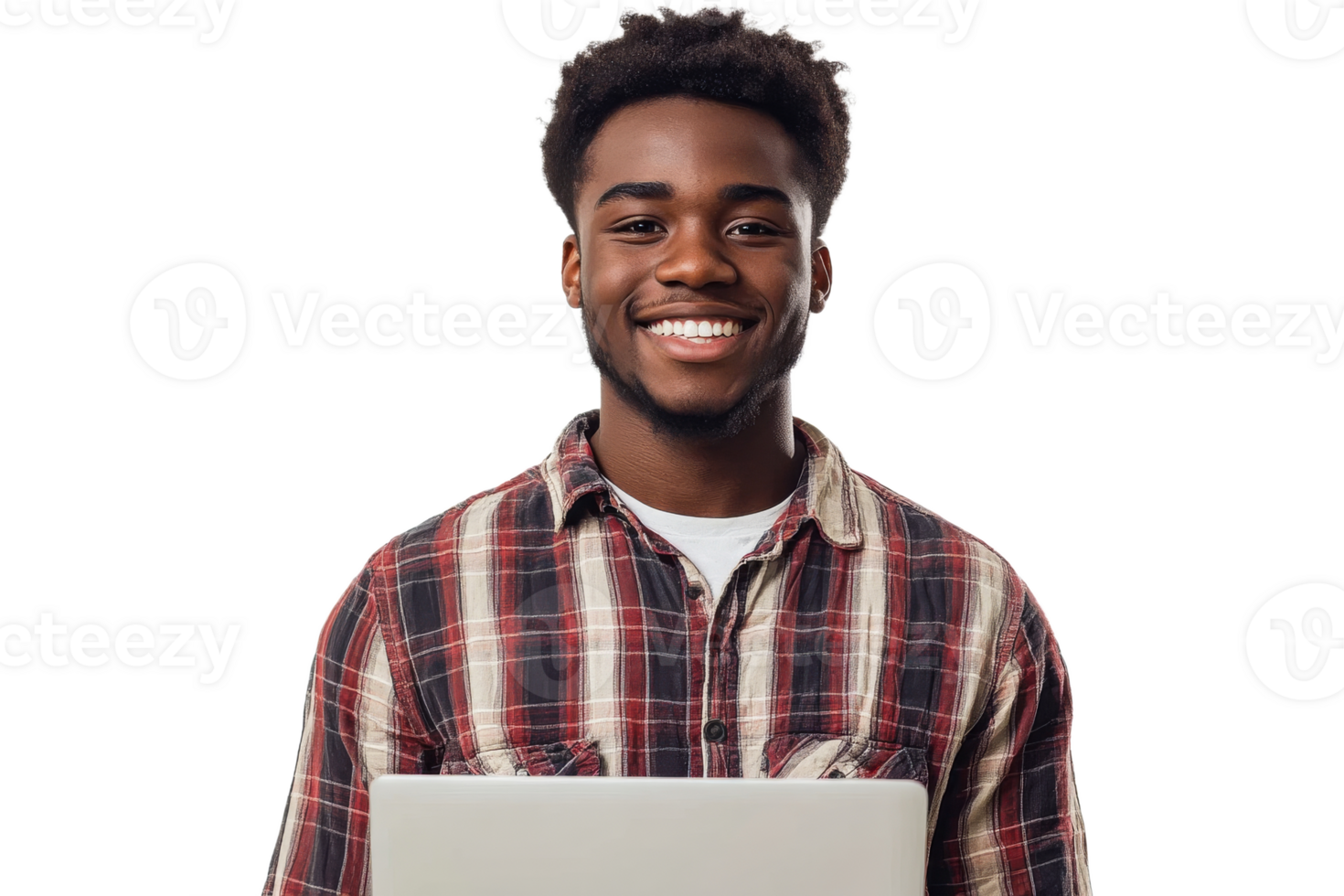 Smiling young man holding laptop on transparent background png