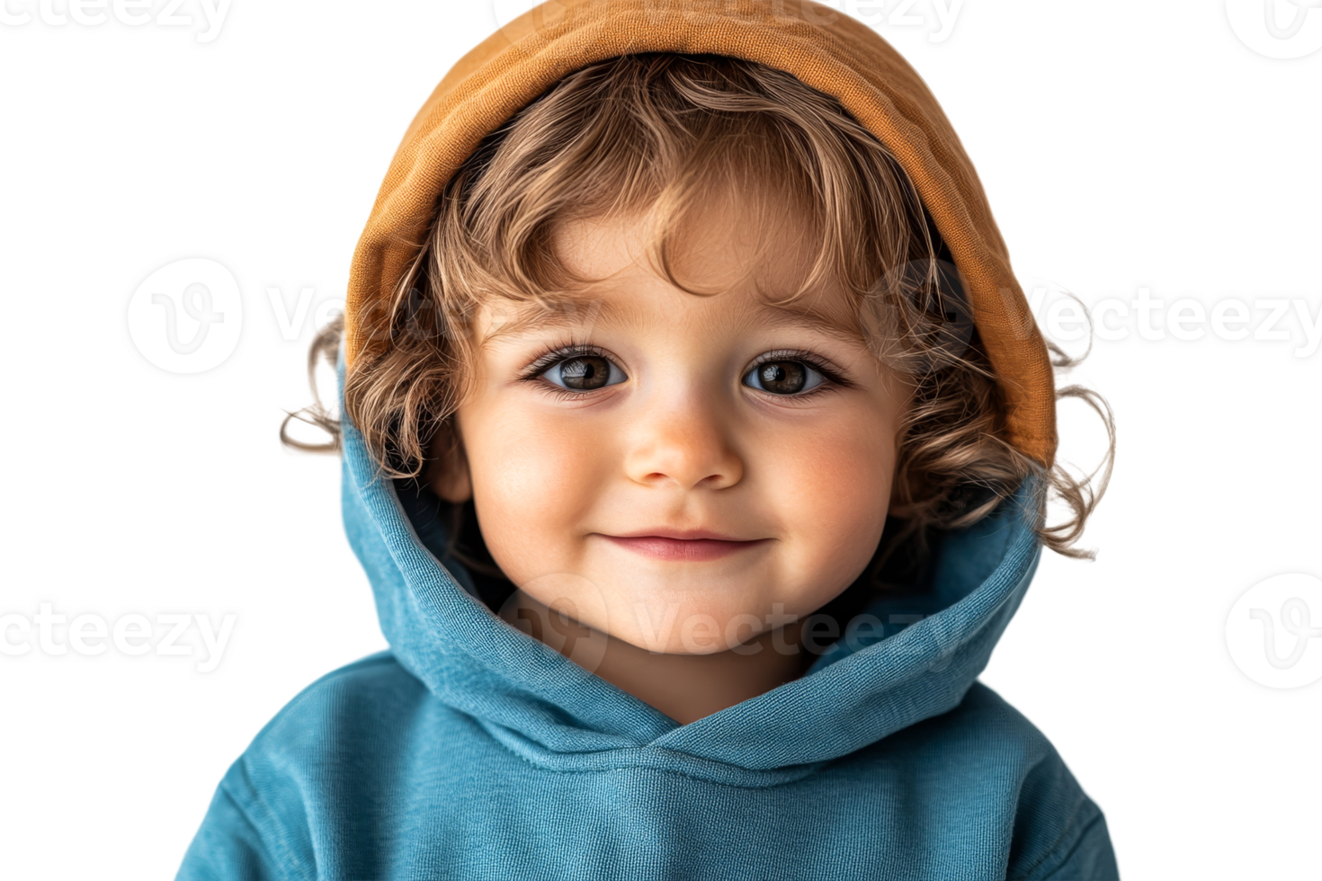 Curly haired child wearing a hoodie with a smile png