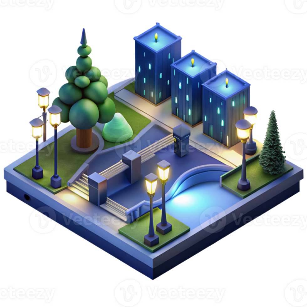 dramatic contemporary Nighttime View of City Park with Illuminated Pathways Cutout with Dark Blue Background detailed png
