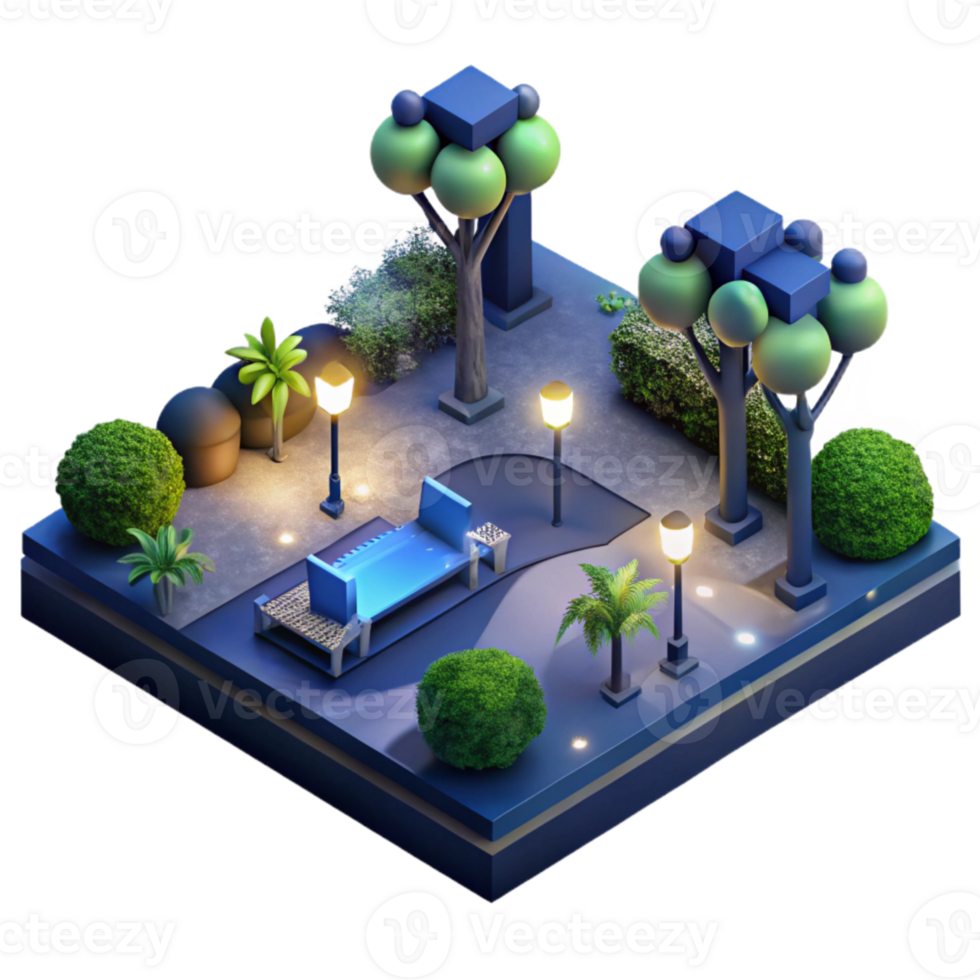 beautiful rustic Nighttime View of City Park with Illuminated Pathways Cutout with Dark Blue Background professional png