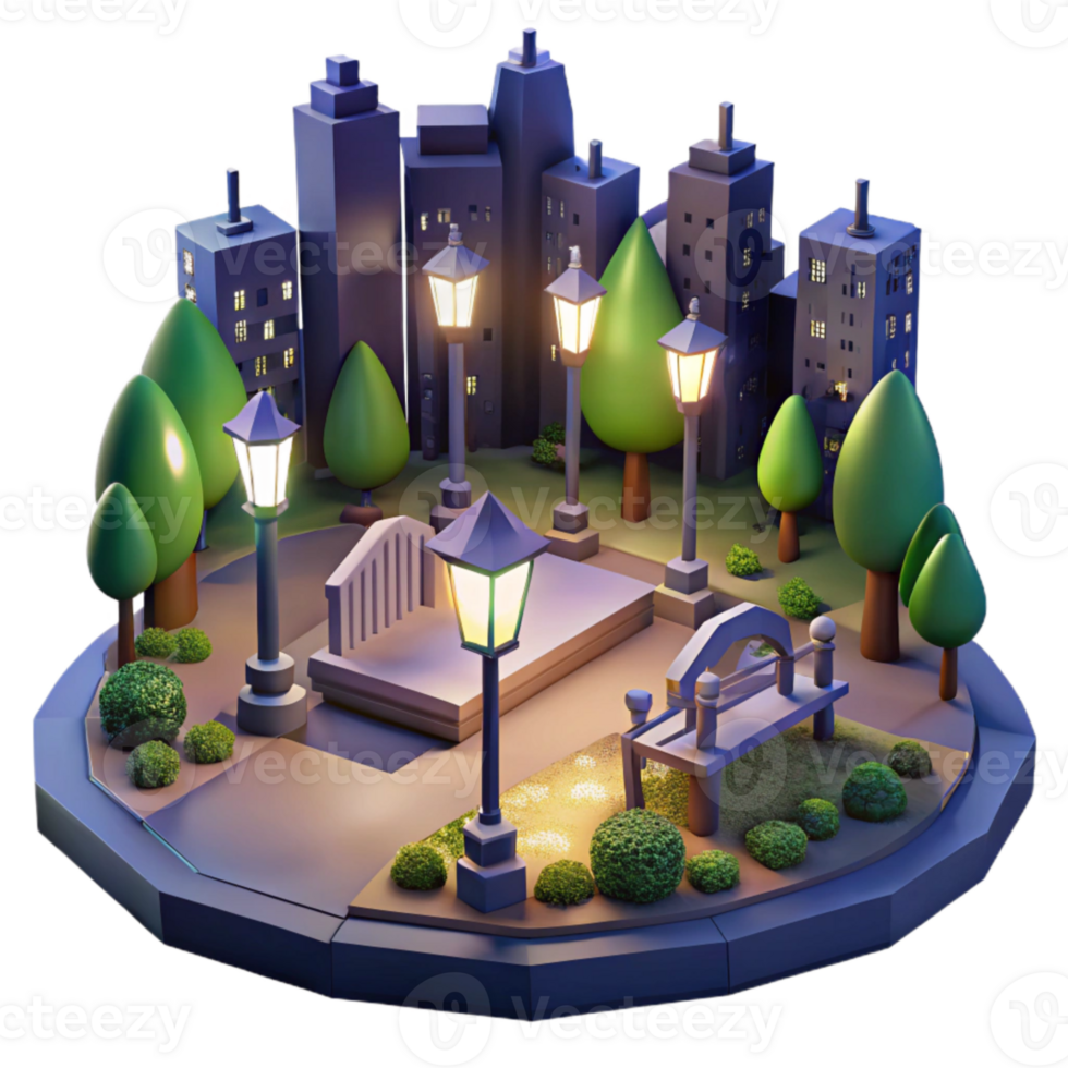 serene modern Night View of City Park with Lighting Cutout with Dark Background high resolution png