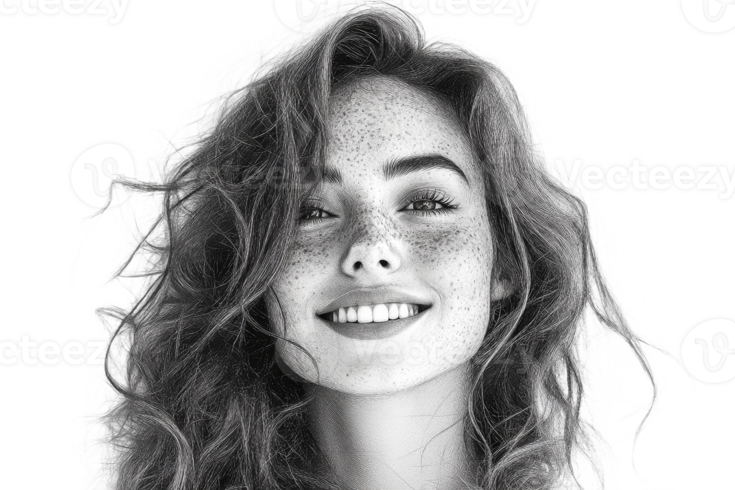 Woman with curly hair and freckles smiles warmly png
