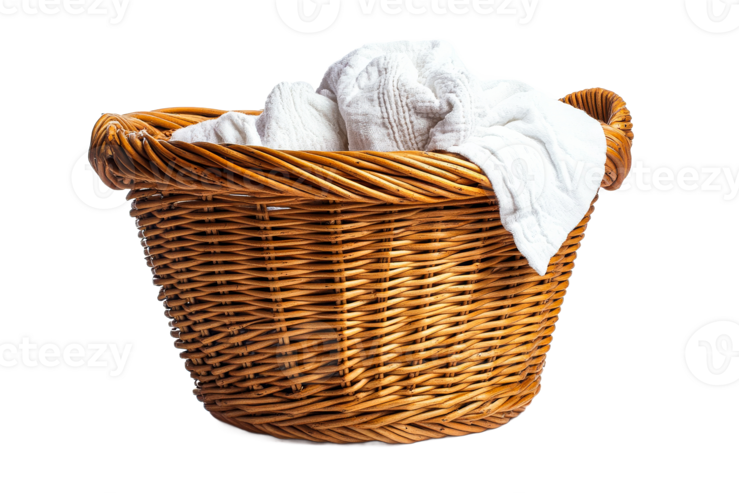 Woven basket with clean towels on a transparent background png