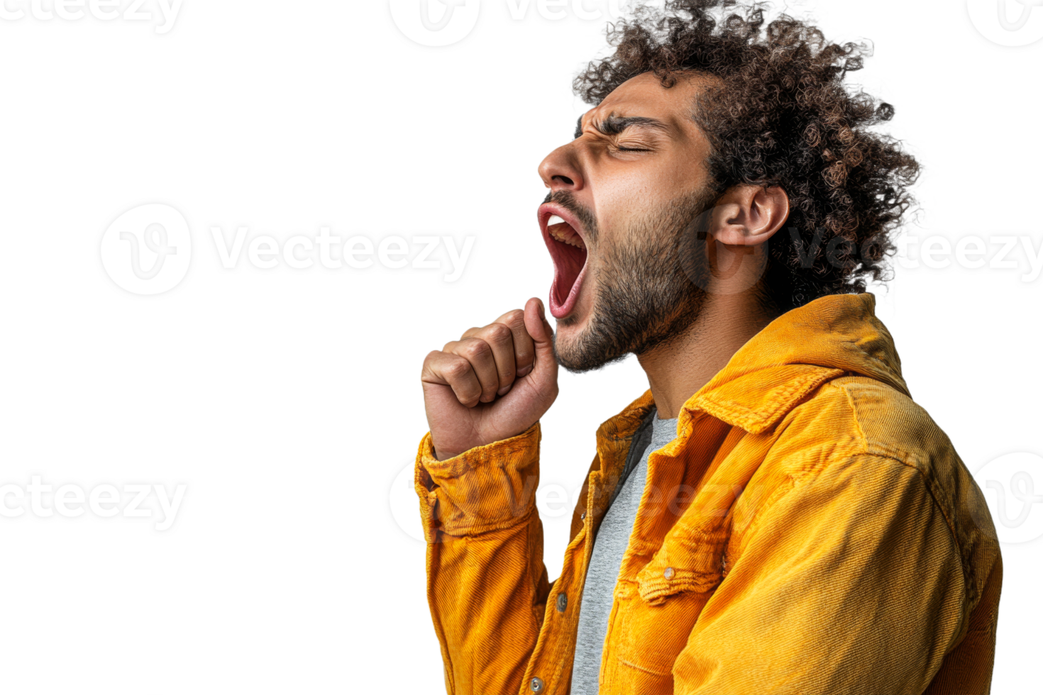 Young man yawning in yellow jacket, clear bg png