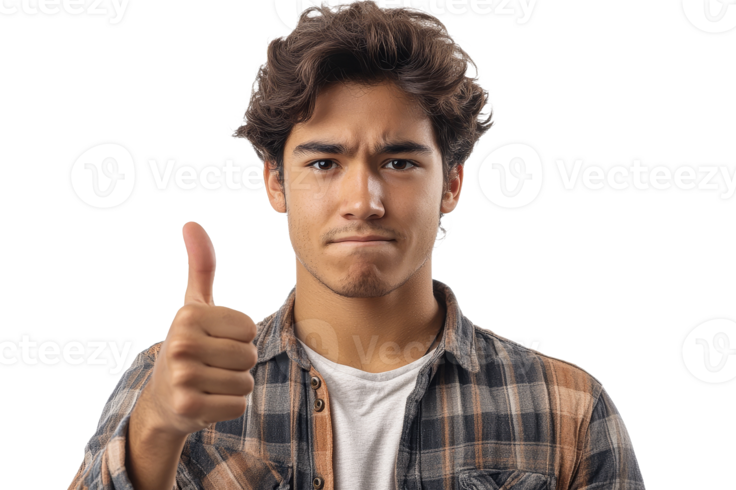 Young man giving a thumbs up with a neutral expression png