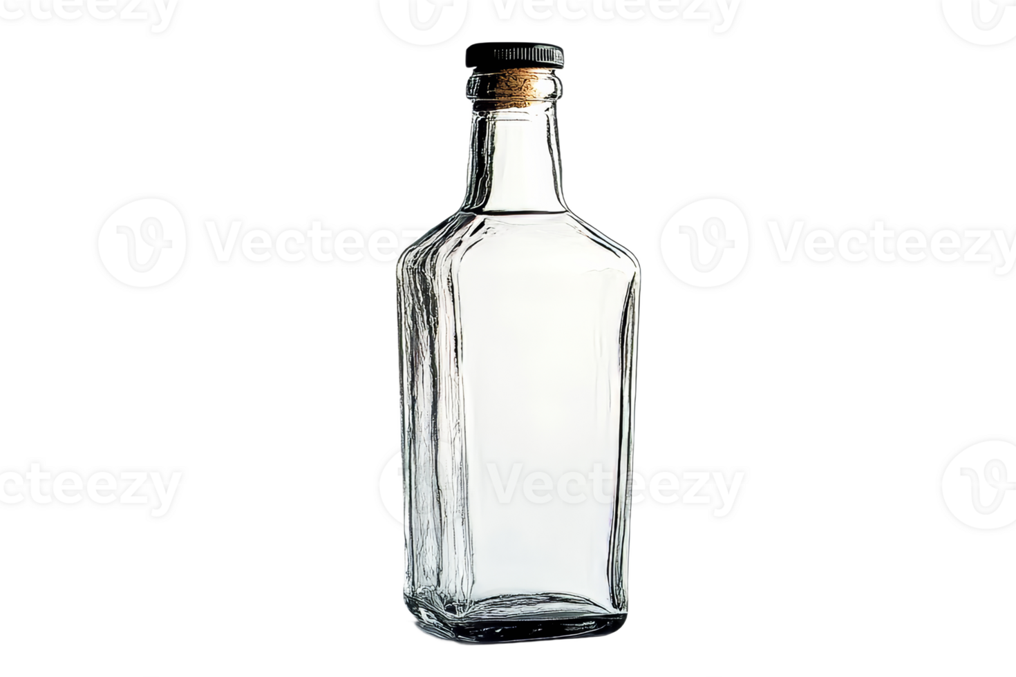 Clear glass bottle with cork and black cap design png