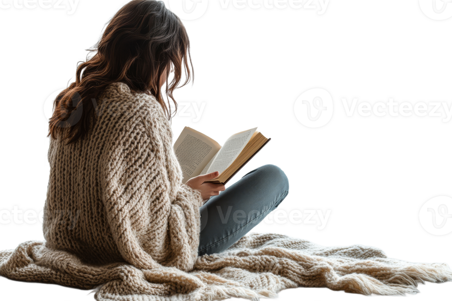 Enjoying a book while wrapped in a cozy blanket png