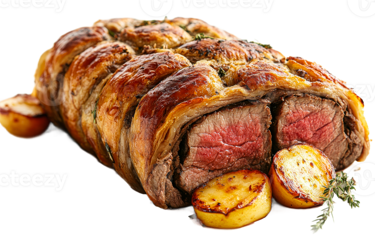 Delicious beef wellington with roasted potatoes for dinner png