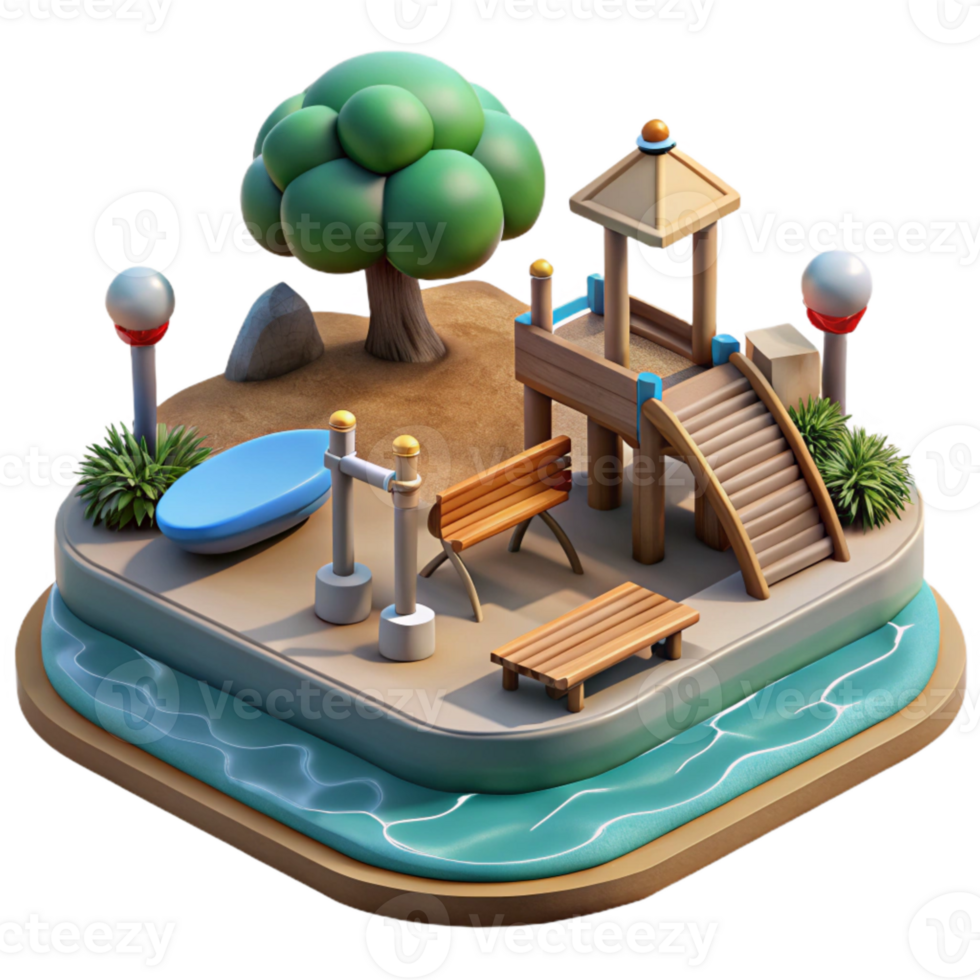 vibrant contemporary Ocean City Park with Playground and Benches Isolated Element original png