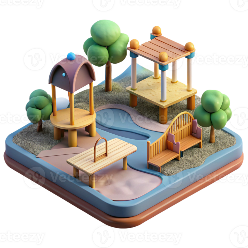 beautiful minimalist Ocean City Park with Playground and Benches Isolated Element detailed png