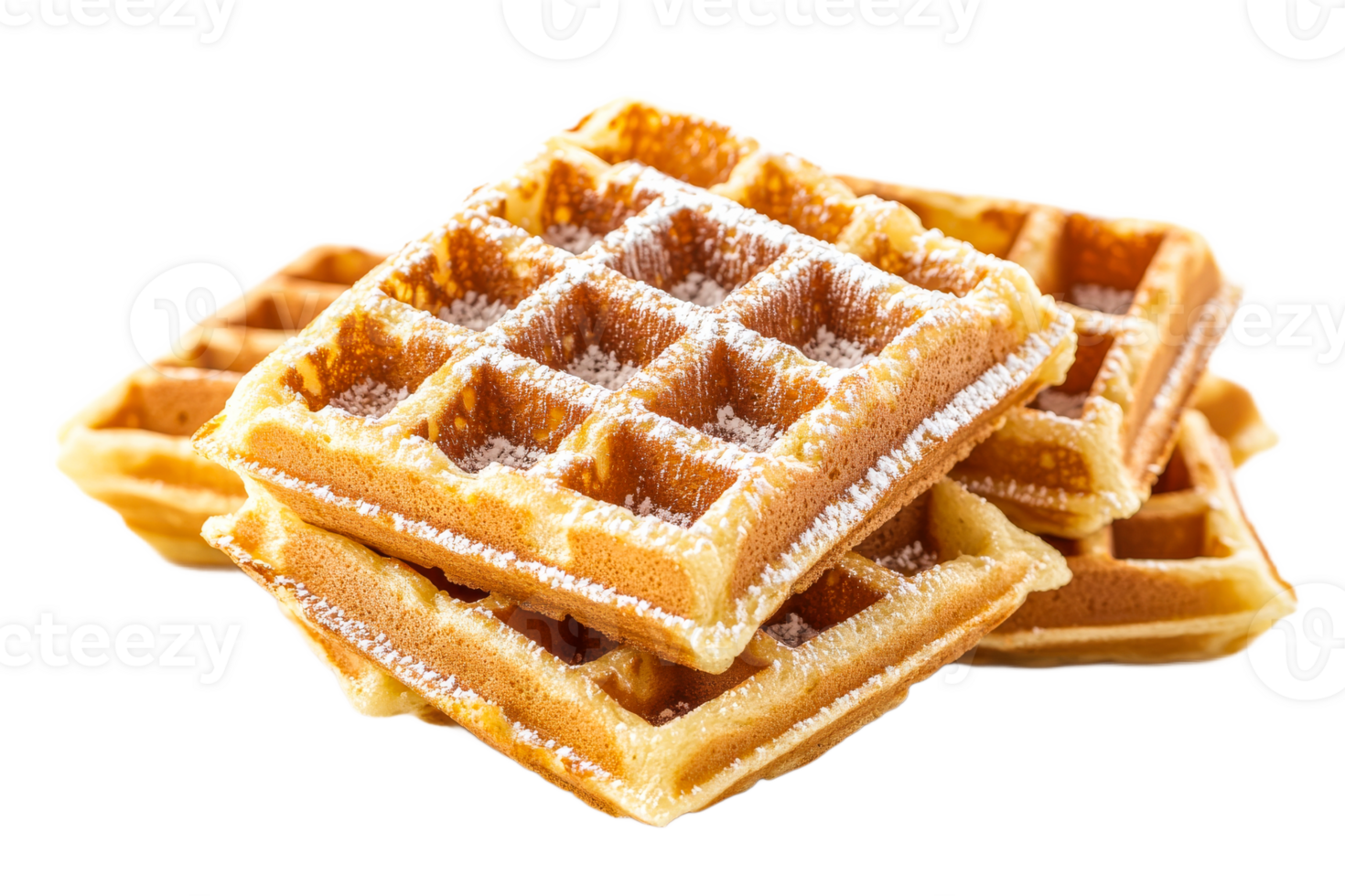Delicious golden waffles with powdered sugar topping png