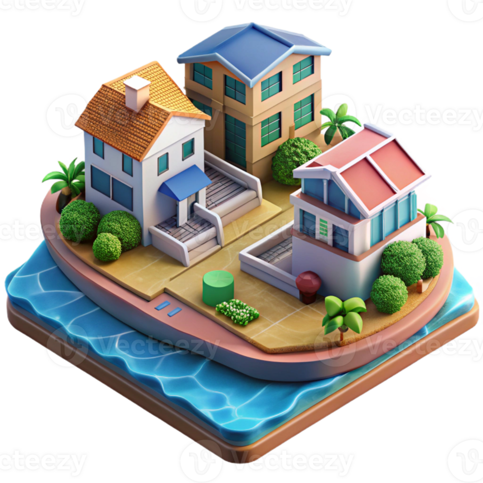 beautiful modern Ocean City Residential Area with Houses and Parks Isolated Element genuine png