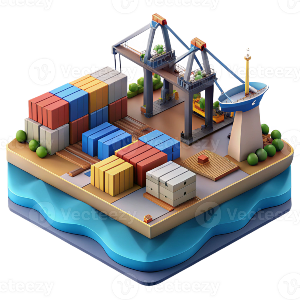 dramatic modern Ocean City Shipping Port with Cranes and Containers Cutout detailed png