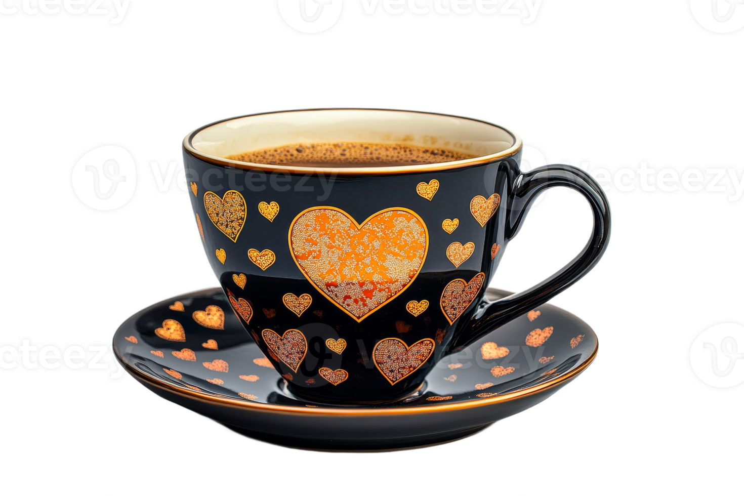 Elegant black coffee cup with heart designs on saucer png