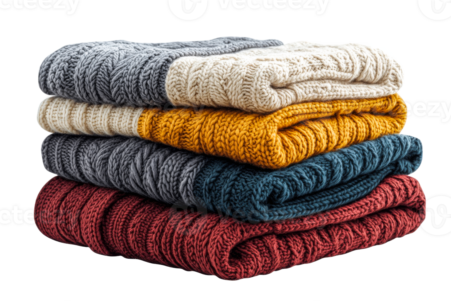 Cozy knitted blankets stacked on a transparent background png