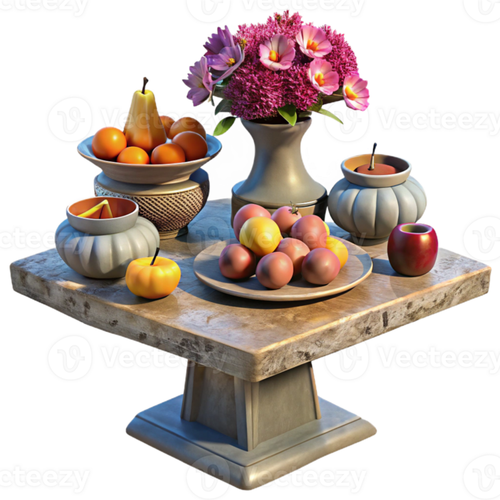stunning vintage Offerings of Fruits and Flowers Arranged on Table Isolated exclusive png