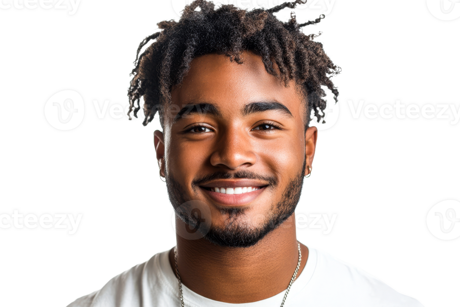Smiling young man with textured hair and a white shirt png