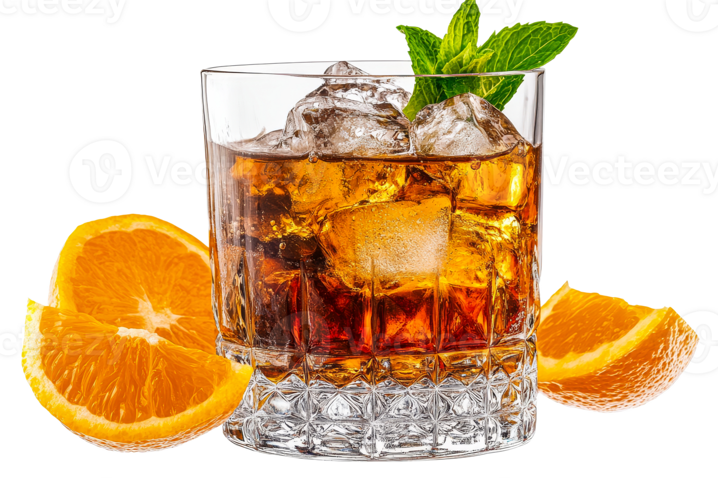 Refreshing beverage on ice with citrus garnish png
