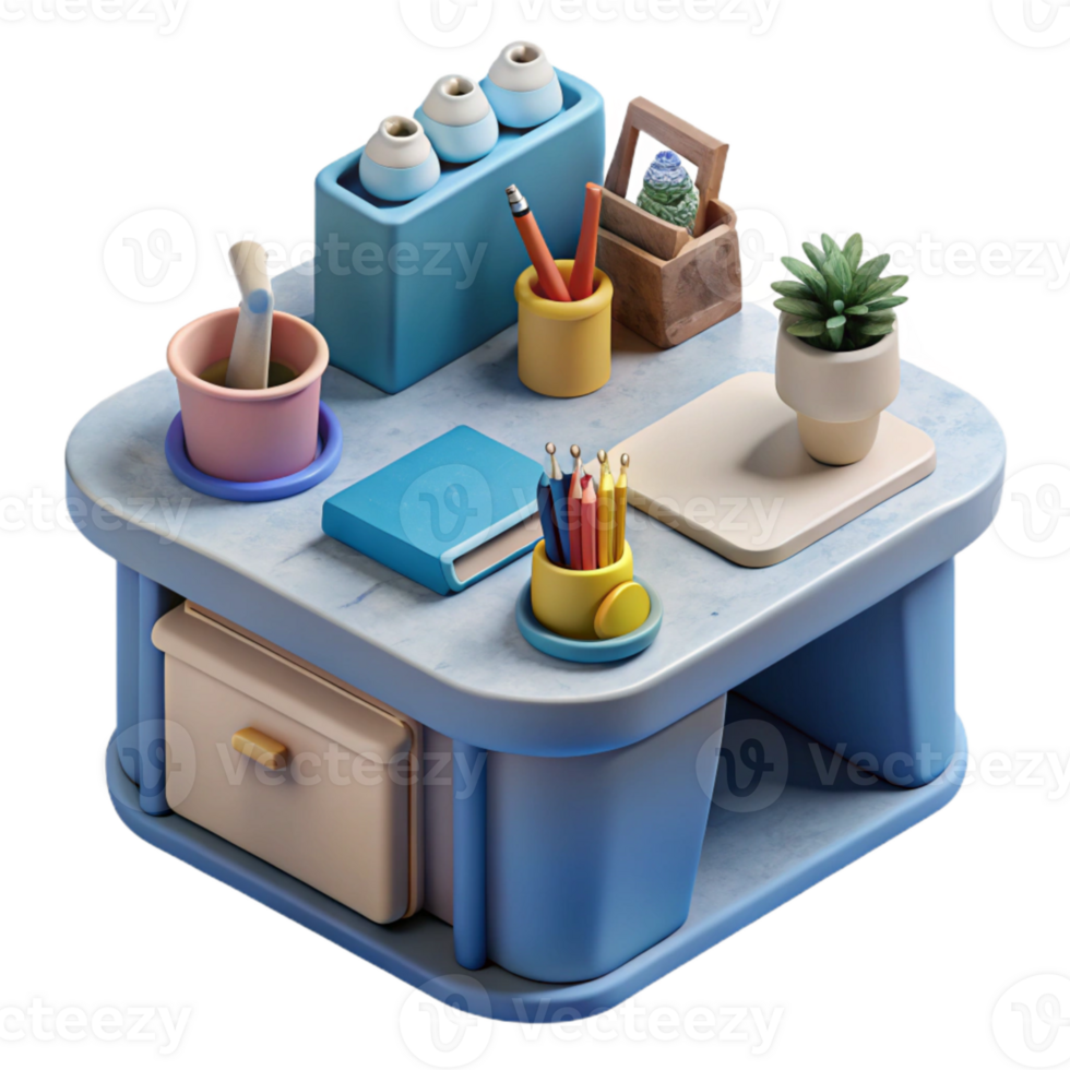 dramatic contemporary Office Desk with Stationery Supplies Isolated exclusive png
