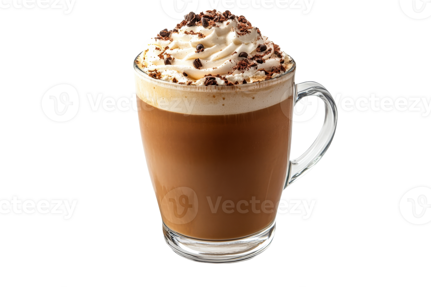 A warm, inviting coffee drink sits in a clear mug png