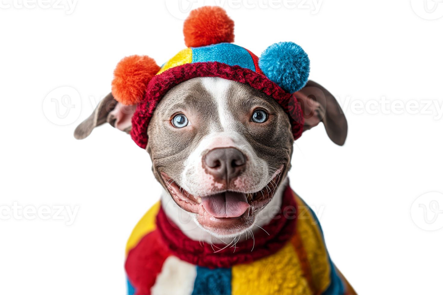 Happy dog dressed in colorful clown costume with pom poms png