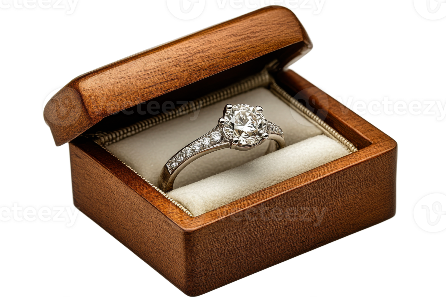 Elegant diamond engagement ring in wooden box png