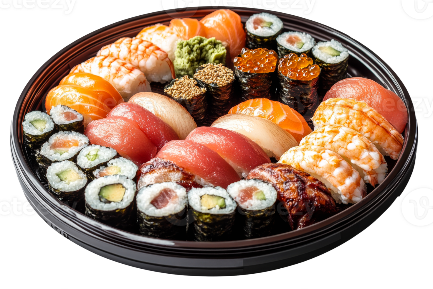 Variety of sushi on a black platter for sharing png
