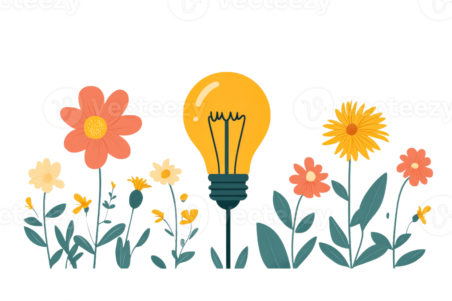 Bright light bulb surrounded by colorful flowers png