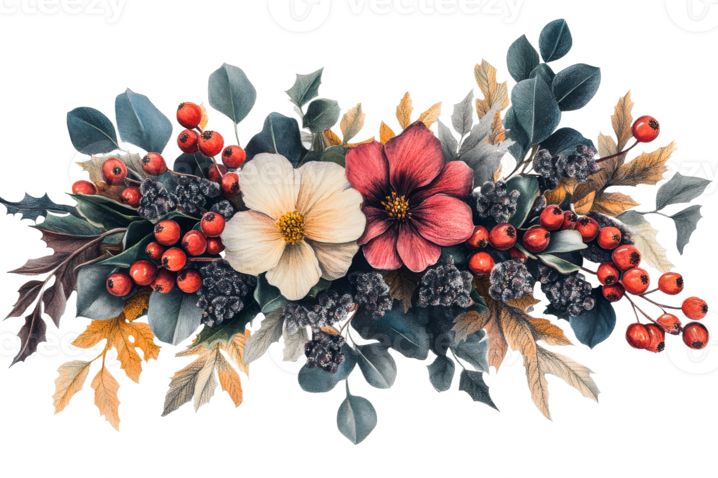 Vibrant floral arrangement with berries and foliage png