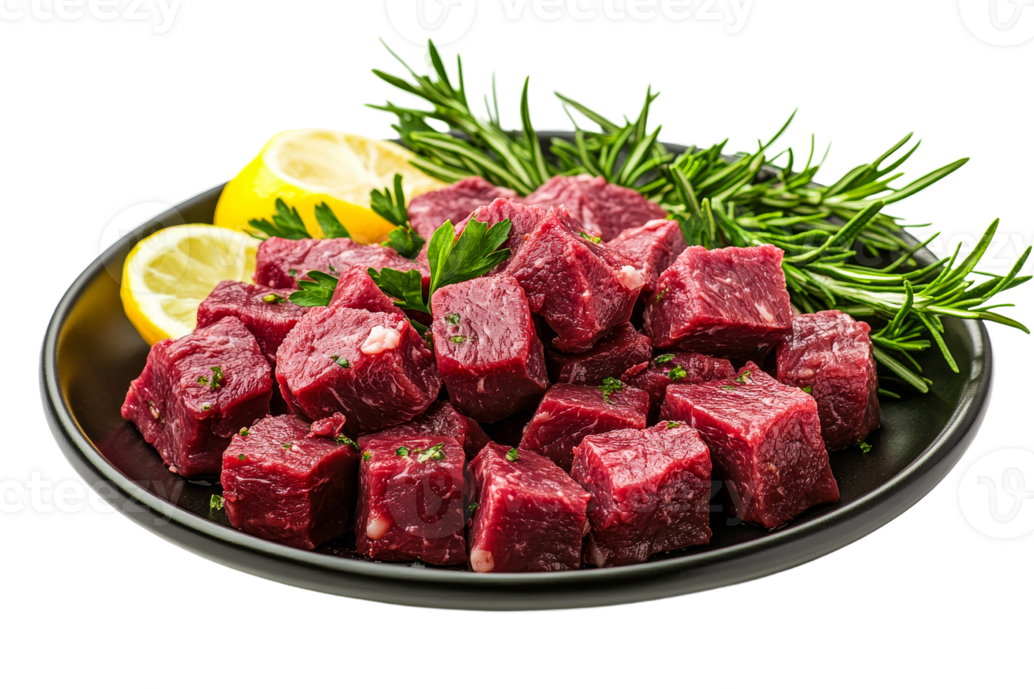 Fresh beef cubes with herbs and lemon on a black plate png