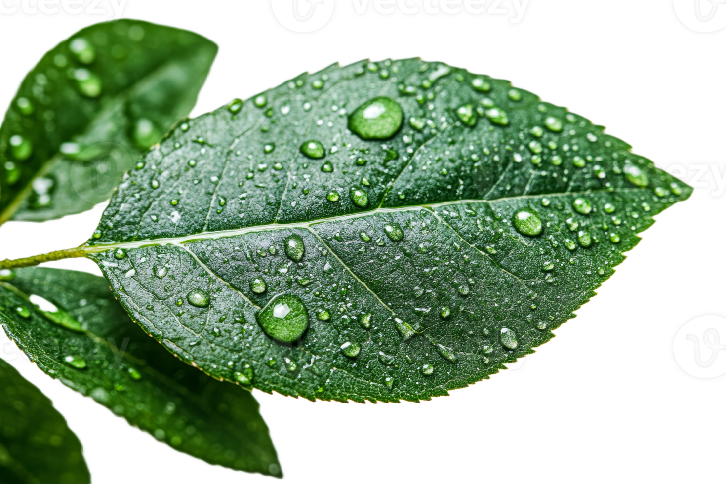 Green leaf with water droplets on clear background png