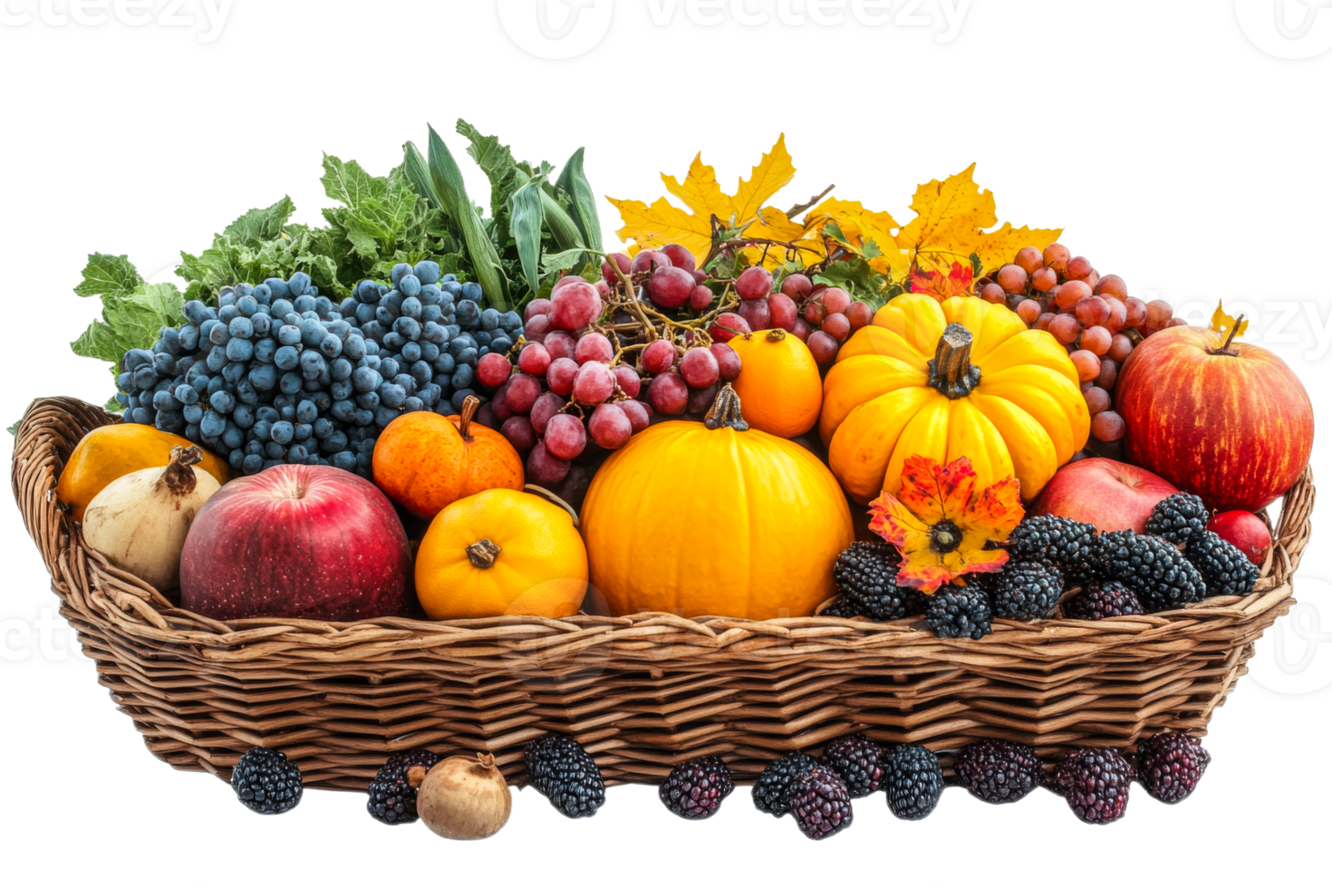 Colorful fruit and vegetable basket with autumn leaves png