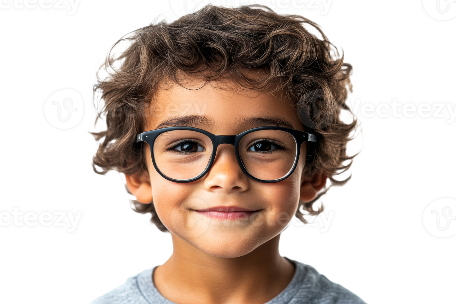 Curly haired boy in glasses on transparent bg png
