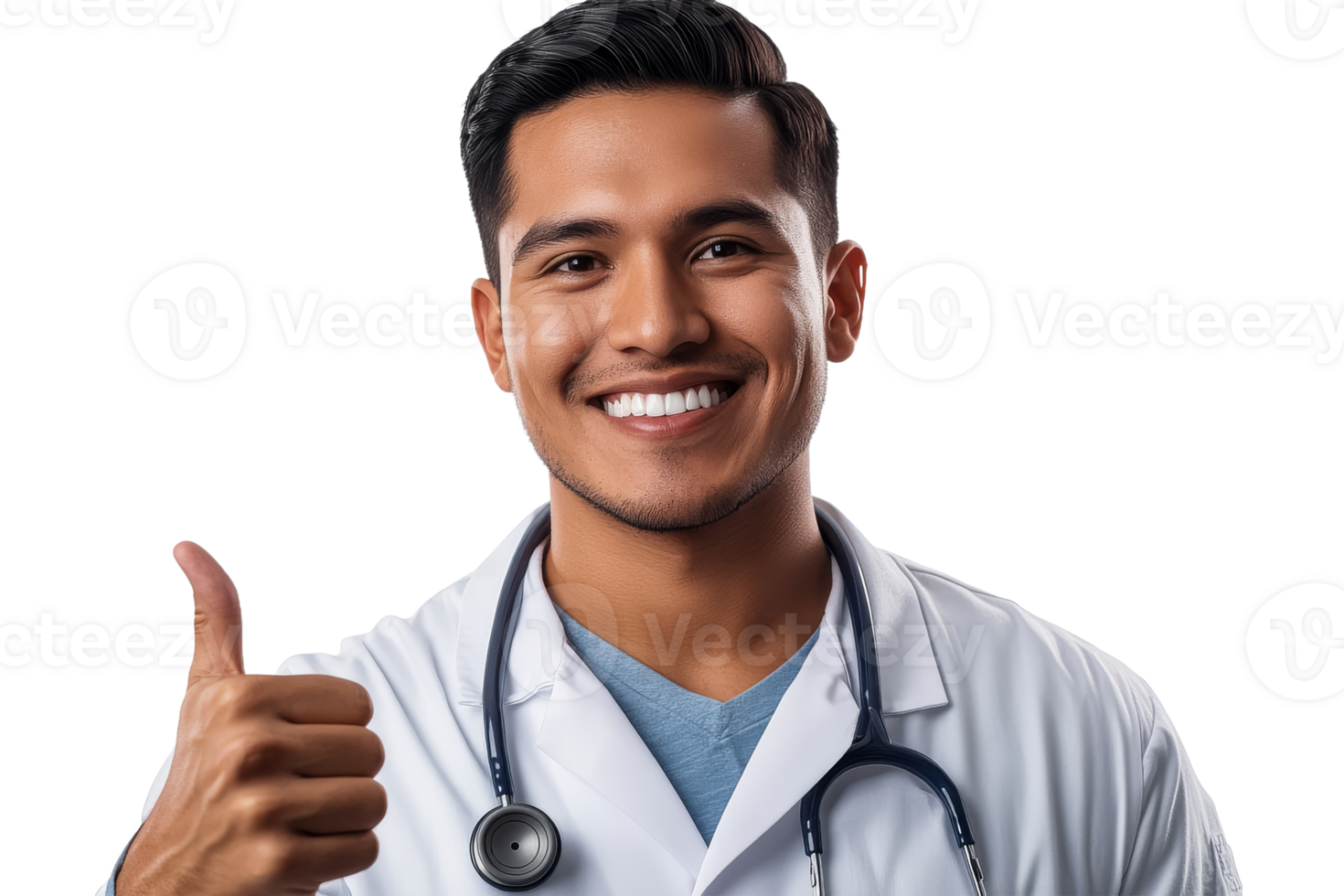 Smiling doctor giving thumbs up wearing white coat png