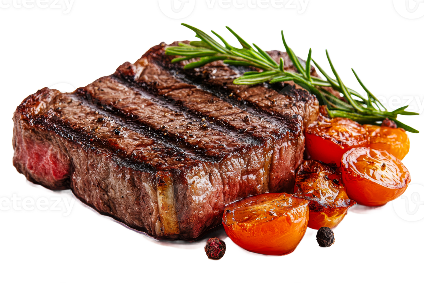 Grilled steak with roasted tomatoes and herbs on a plate png