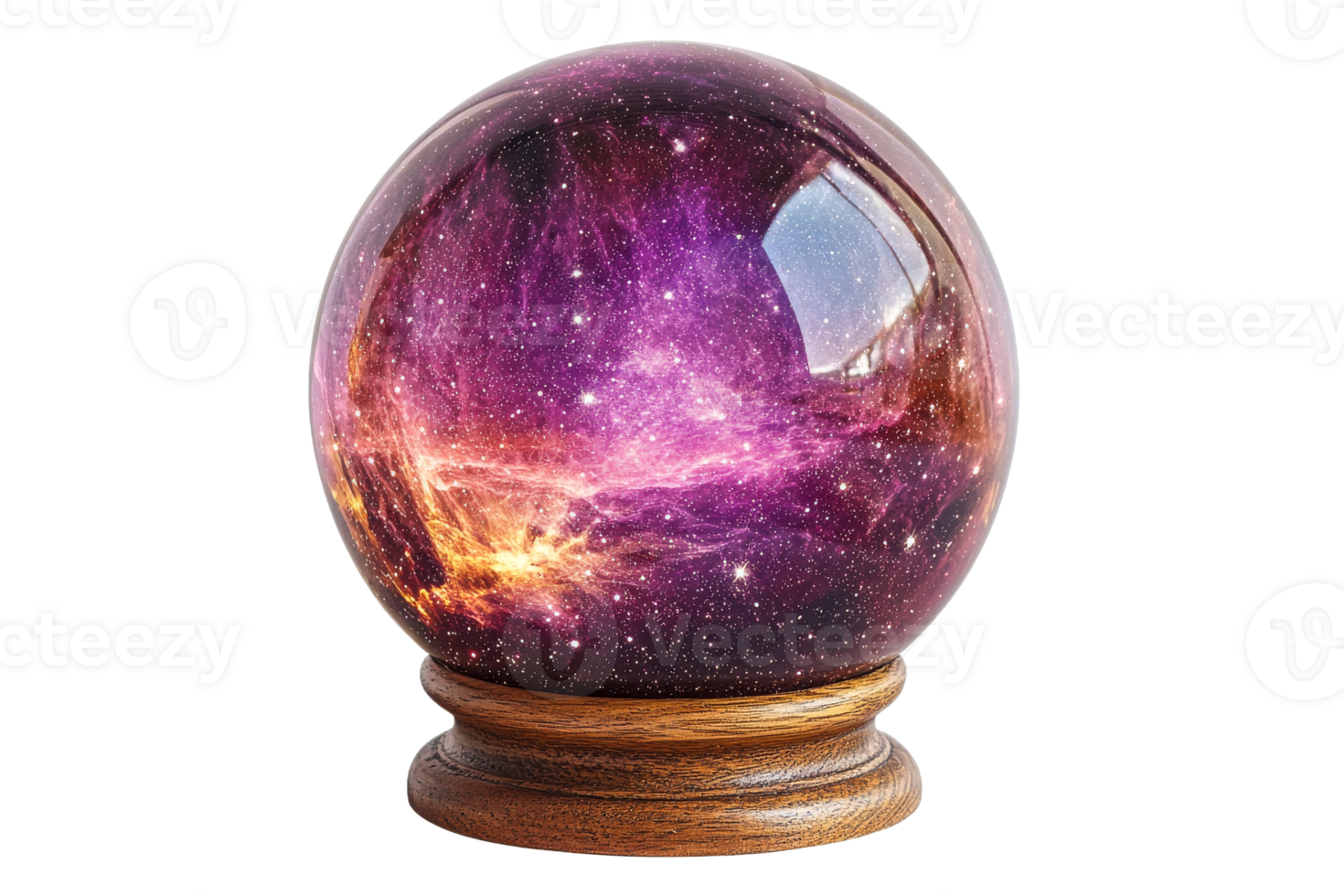 Mystical crystal ball with cosmic design on wooden base png