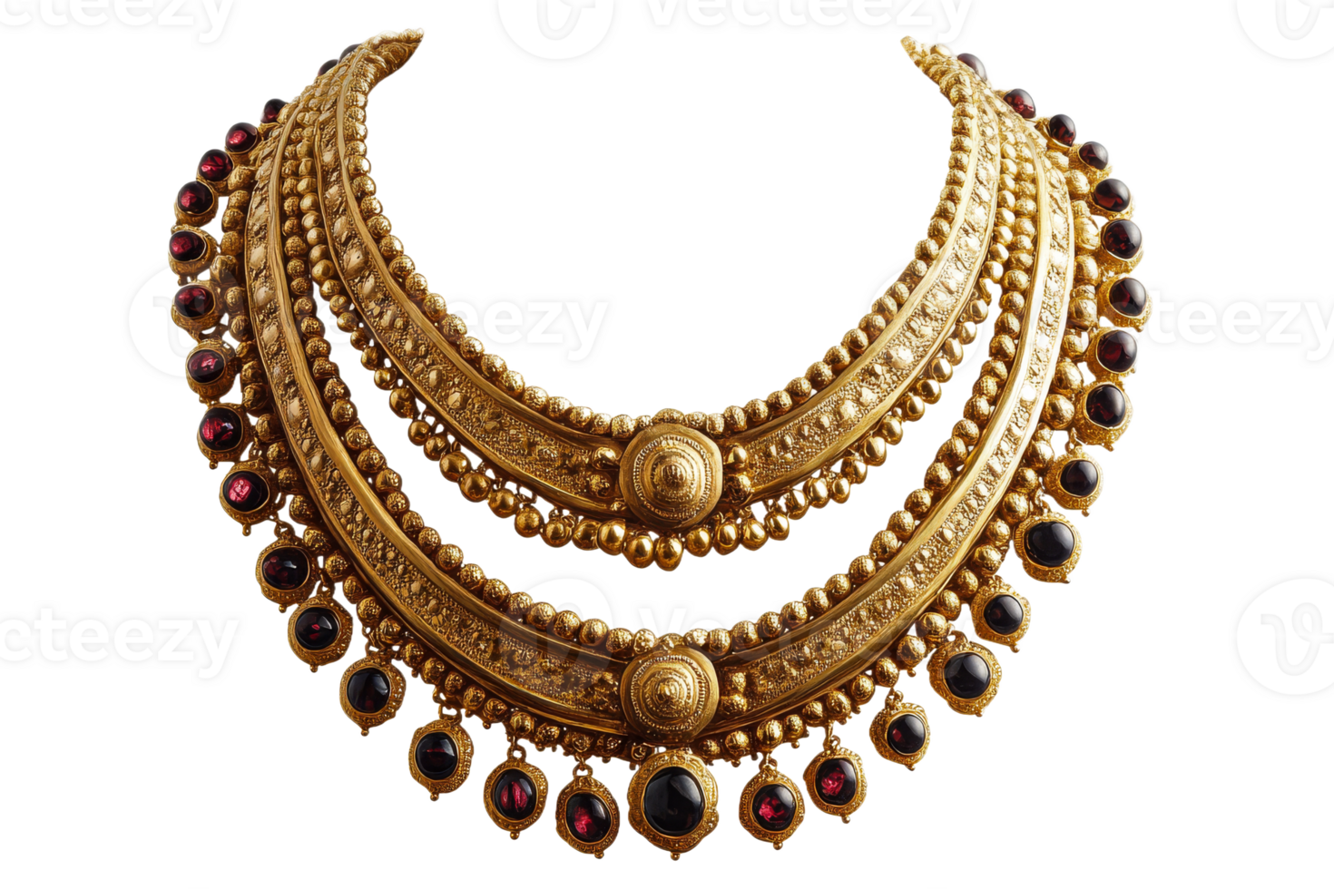 Elegant golden necklace with red gemstones displayed png