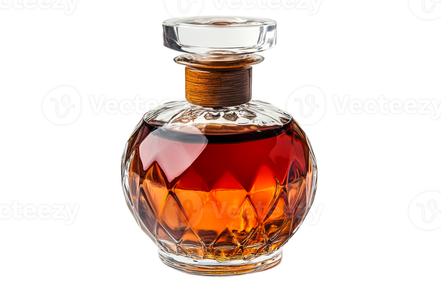 Crystal decanter with amber liquid on clear background png
