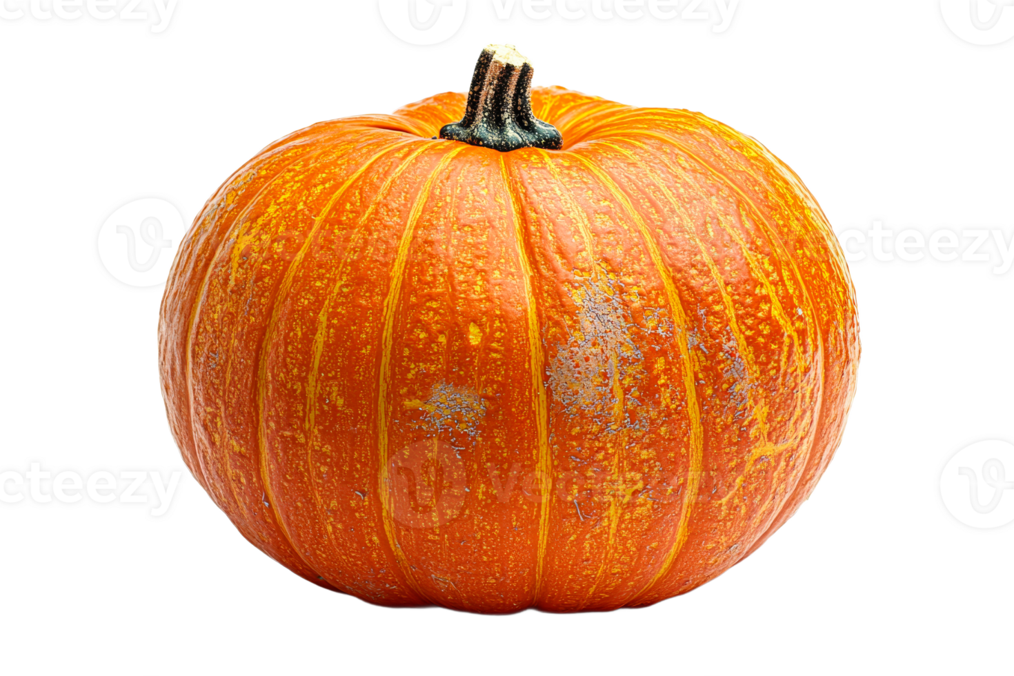 Bright orange pumpkin with textured surface and stem png