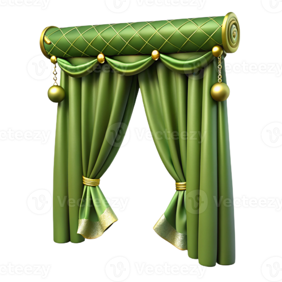 wonderful rustic Olive Green Velvet Curtain Embroidered Detail Transparent Background exclusive png