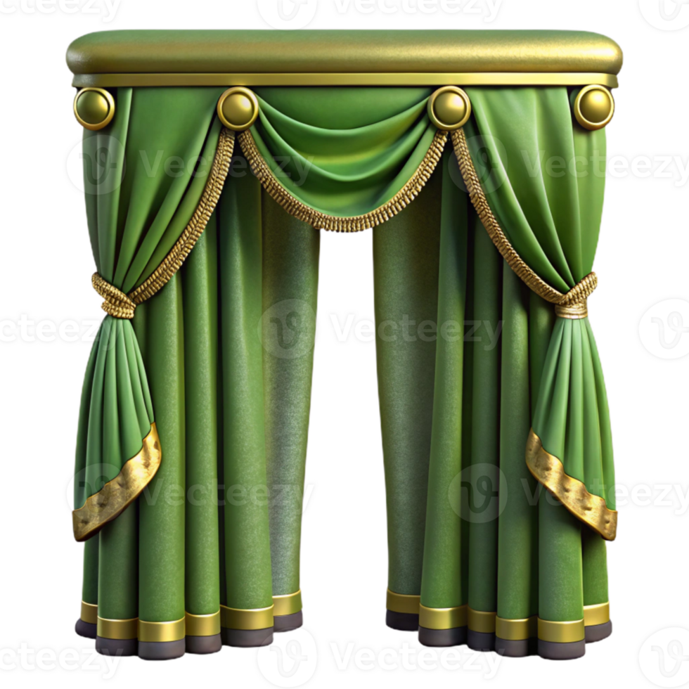 dramatic minimalist Olive Green Velvet Curtain Embroidered Detail Transparent Background png