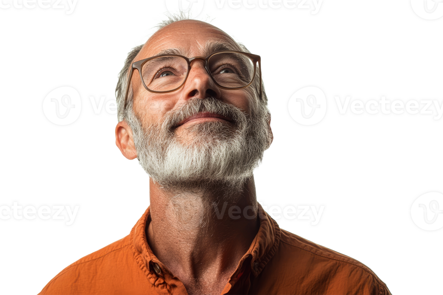 Man with glasses gazes upward with a thoughtful expression png