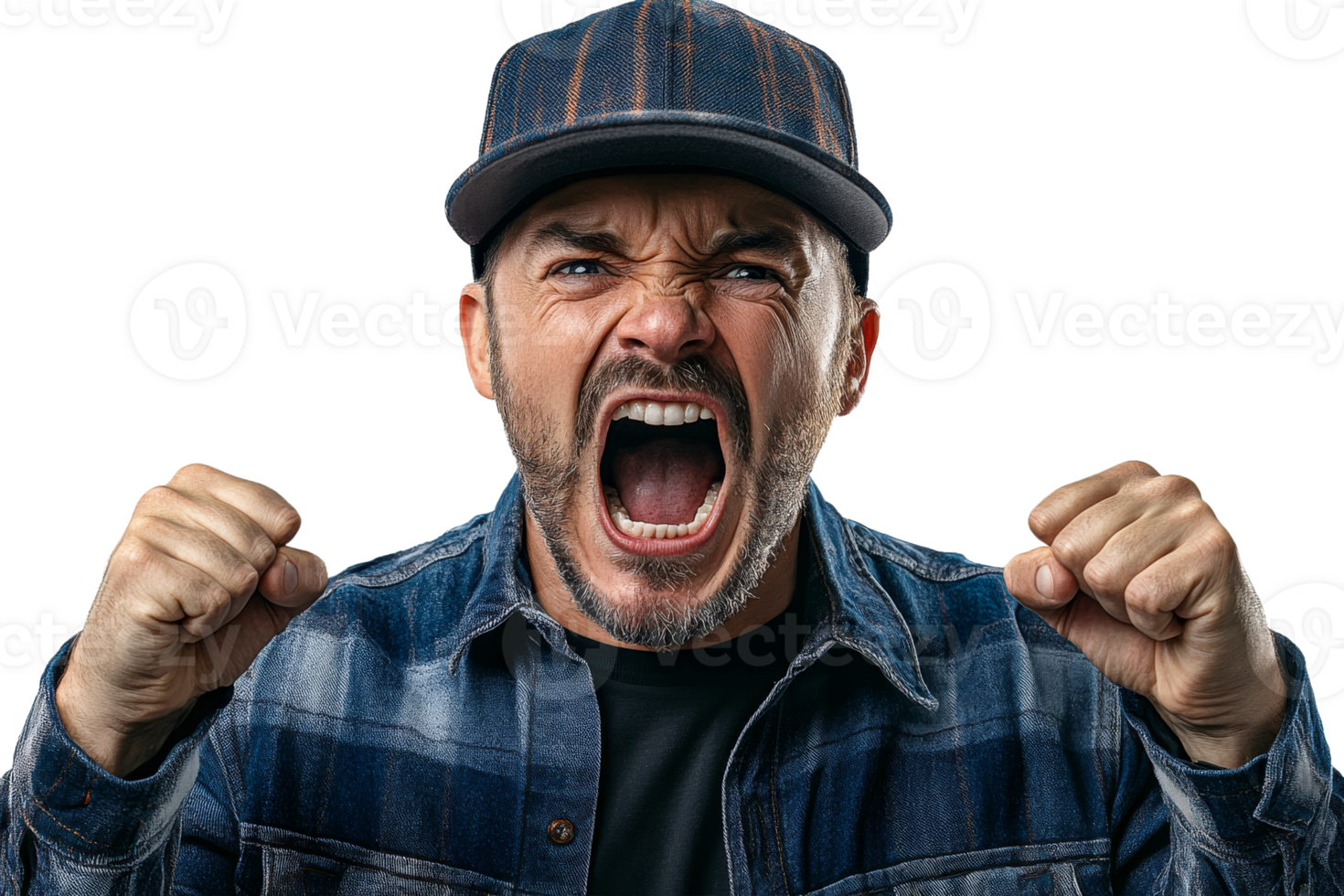 Man expressing intense emotion with a fierce yell png