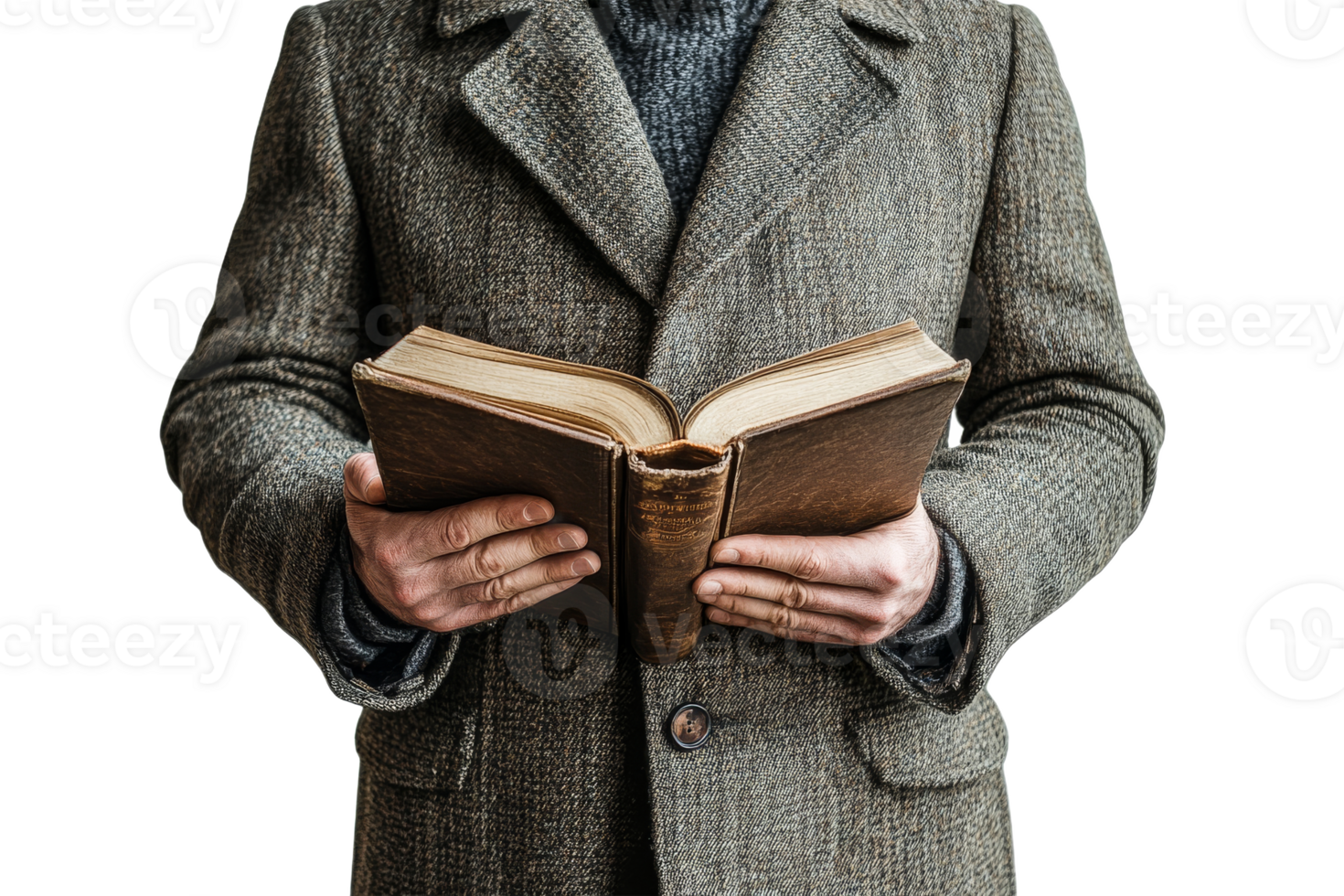 Man in a coat holding an old book with a textured cover png