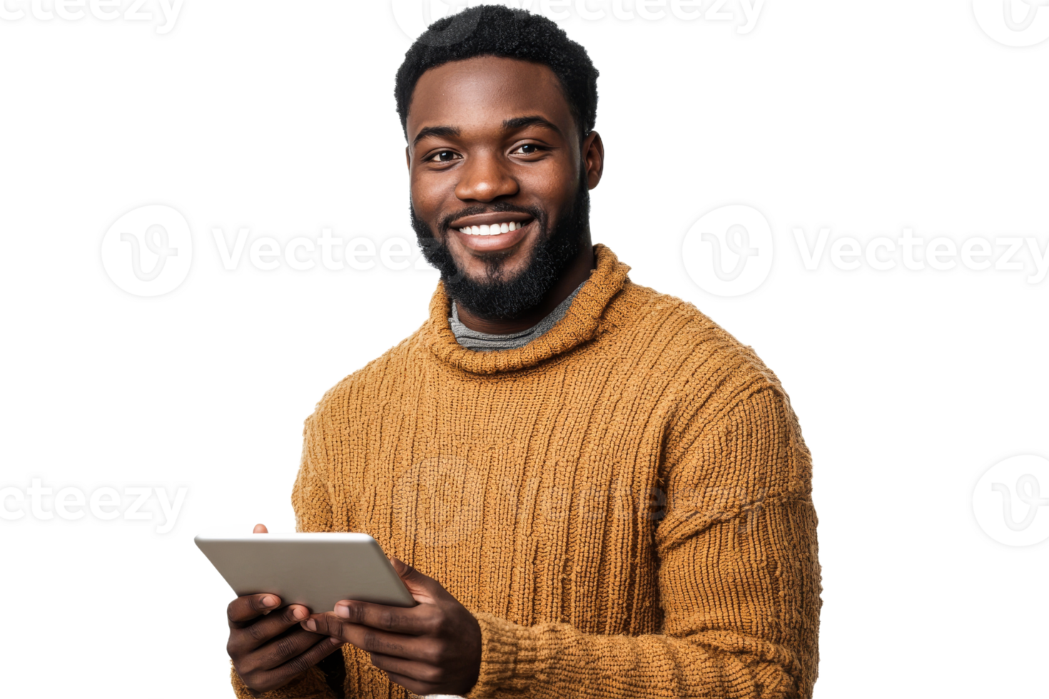 Smiling man in cozy sweater holding tablet png
