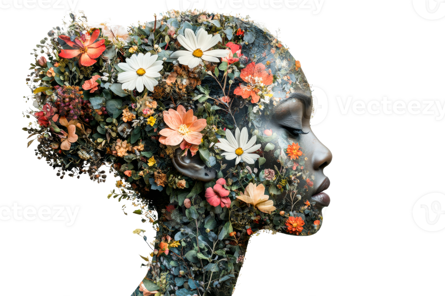 Flower crown and profile silhouette in art png